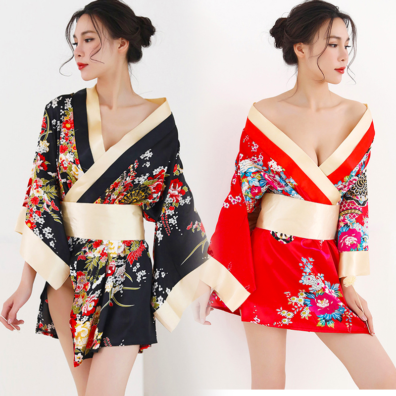 Black sexy kimonos dress Japan style Cherry blossoms cosplay Japanese traditional kimono woman bathrobe geisha clothing