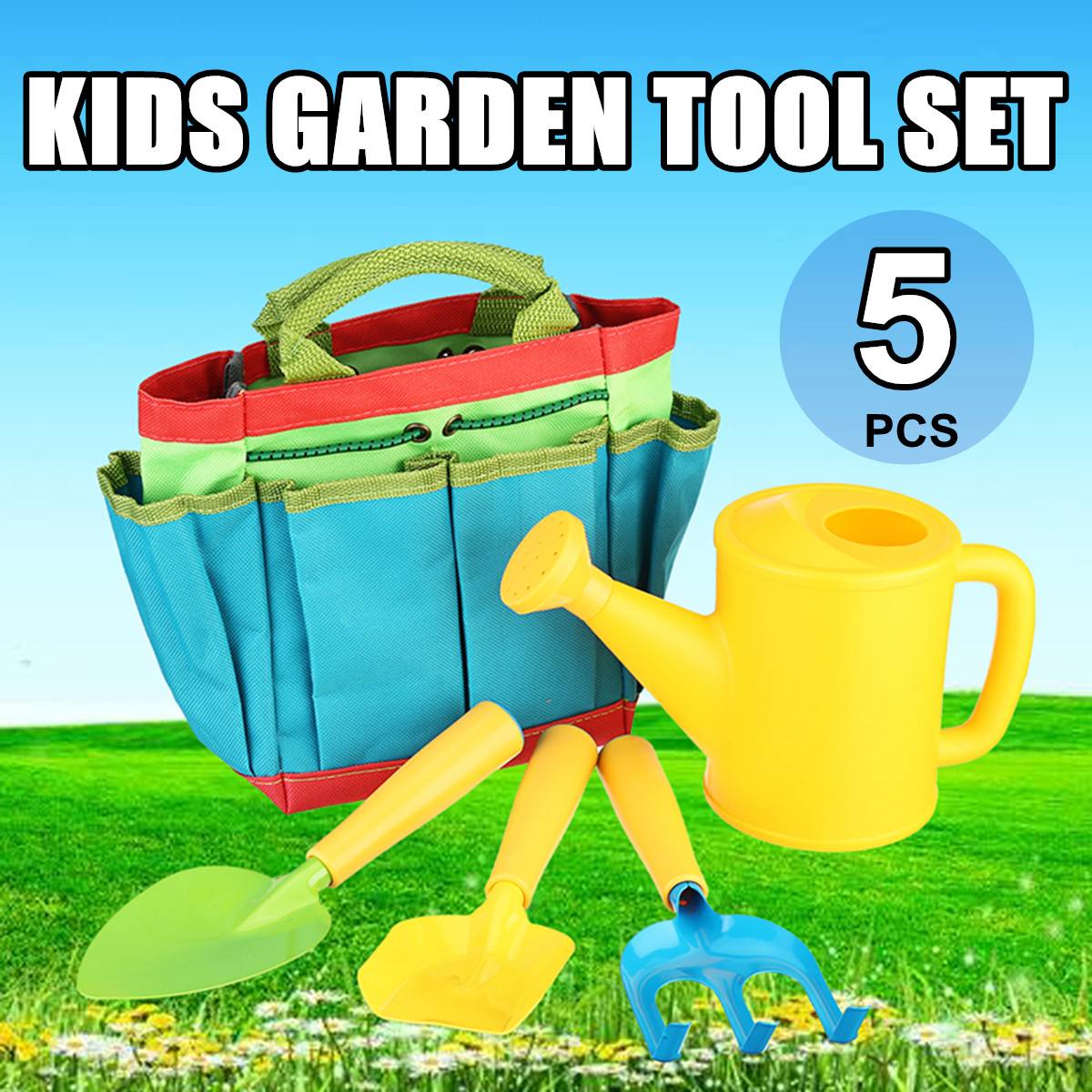 5 Piece Set Kids Gardening Tool Sets Children Garden Tool Kit Hand Shovel Tote Bag Garden Tool Toys Digging Sand Playing Tools