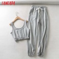 Tangada women gray tank crop top sleeveless backless short blouses shirts female casual solid tops TM1
