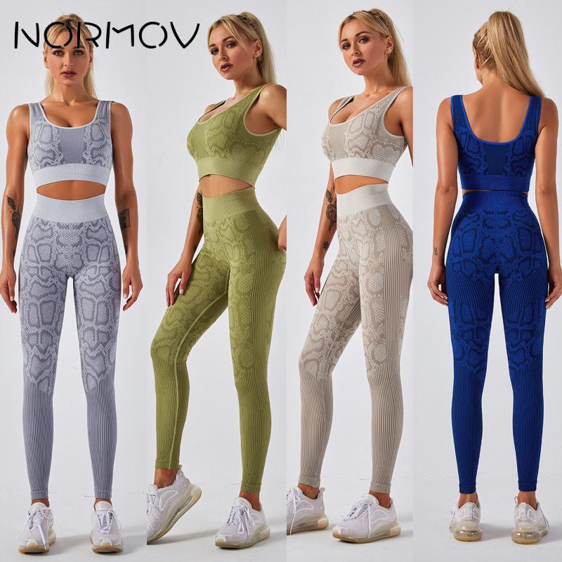 NORMOV Snake Printing Womens Yoga Sets Gym Fitness 2 Pieces Set Seamless Sports Bra and High Waist Leggings Workout Sets