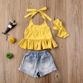 2020 Baby Summer Clothing Infant Kids 1-6T Baby Girls Shirt Dress Top Denim Ripped Shorts 2Pcs Set