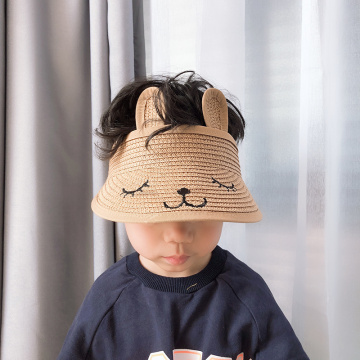 Kids Summer Sun Hats Boys Girls Foldable Straw Hat Empty Top Cute Rabbit Ear Sunscreen Beach Hat