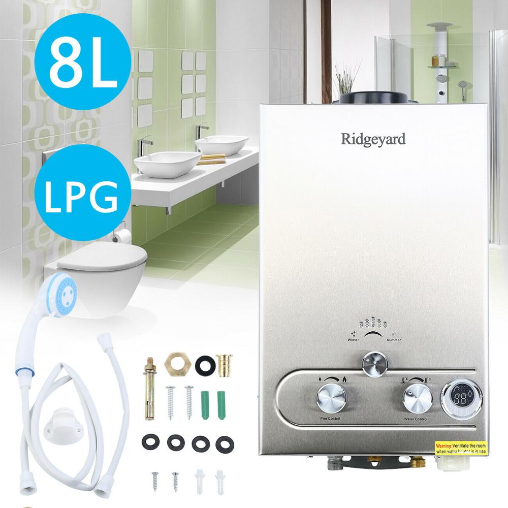 8L GAS LPG Boiler Propane Gas Instant 2GPM Tankless Water Heater Stainless Steel