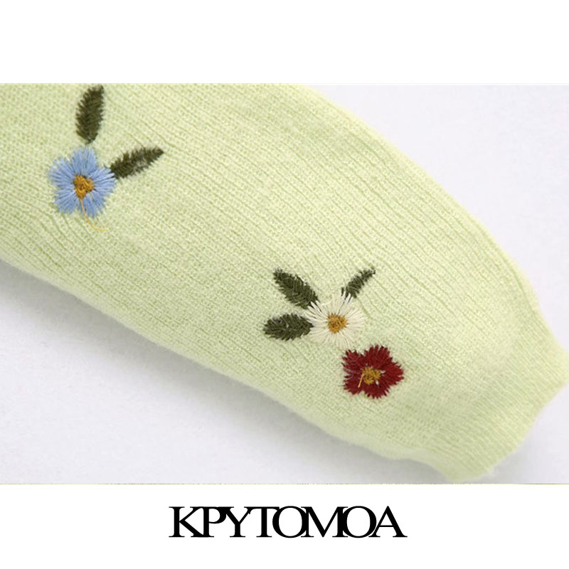 KPYTOMOA Women 2020 Fashion Floral Embroidery Cropped Knitted Sweater Vintage High Neck Long Sleeve Female Pullovers Chic Tops