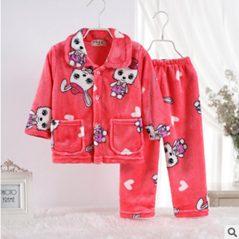 Children's pajamas boys and girls autumn and winter home service cartoon pattern flannel baby coral fleece warm suit thickening
