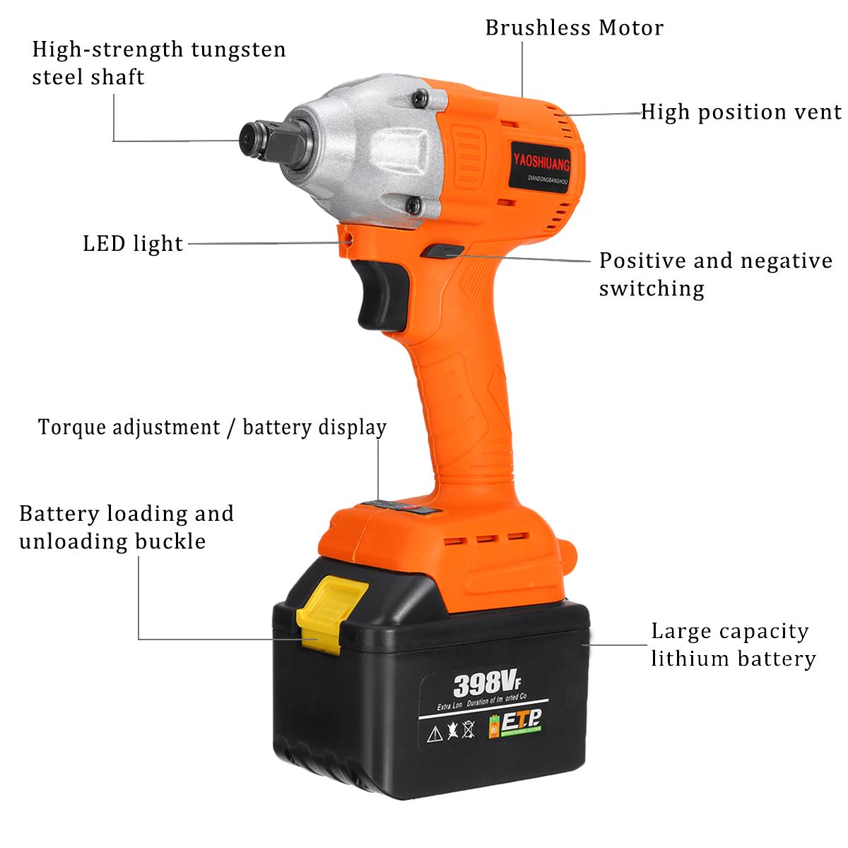 398VF 39800mah Electric Impact Brushless Wrench Electric Wrench 2 Battery Rechargeable 1/2'' Cordless Hand Power Tool 110-240V