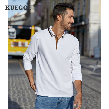 KUEGOU Cotton Clothing Smart Caeual Men's Polo Shirts Autumn White Polos Men Long sleeve Fashion Stretch Top Plus Size ZT-88039