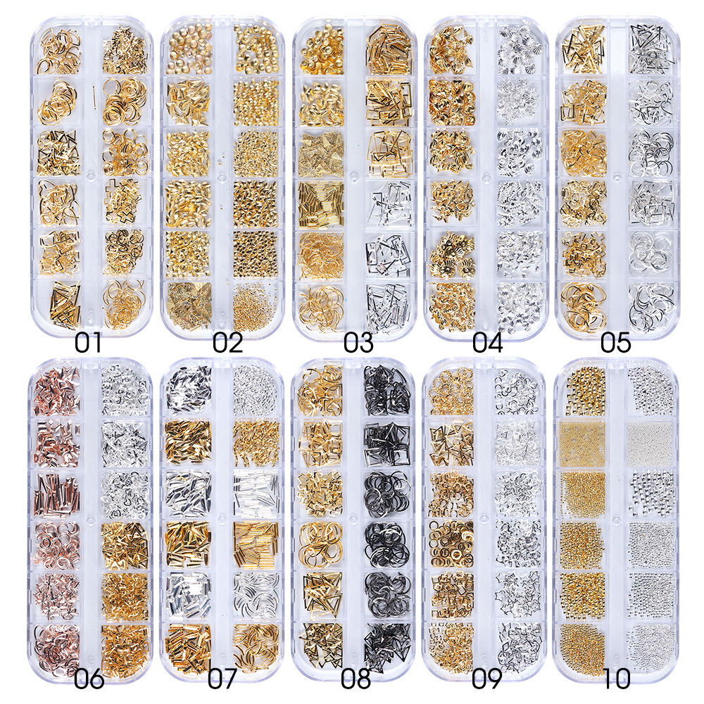 12 Grids Metal Rivet Nail Art Decoration Studs Mix Style Stars Moon Gold Silver Strass Jewelry DIY 3D Charms Accessories CH772-1