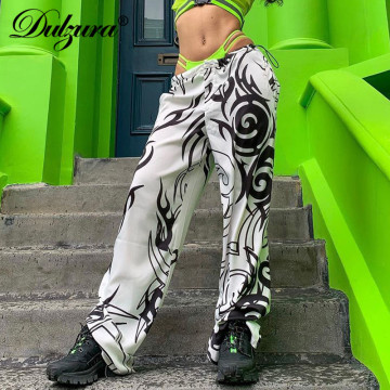 Dulzura 2019 summer women clothing wid leg pants trousers casual streetwear festival high waist print gothic oversized loose