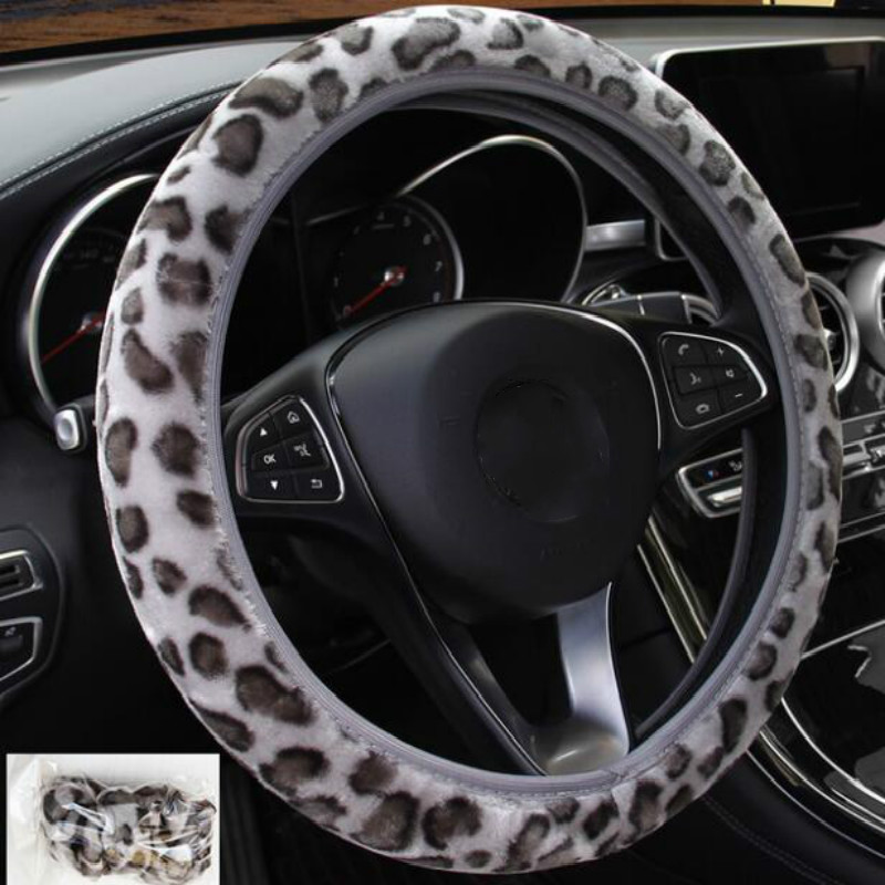 Leopard Steering Wheel Cover Print Plush Elastic Section Car Steering Wheel Braid Cover Auto DIY Car Accessories Anti-Slip Soft