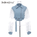 TWOTWINSTYLE Patchwork Lace Denim Jackets For Women Lapel Collar Long Sleeve Sashes Hit Color Lightblue Coats Female 2020 Autumn