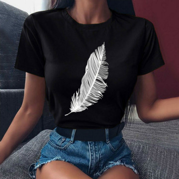 2020 Women casual Harajuku fashion t-shirt feather print loose o-neck short sleeve elastic stretched summer home new Tee Shirt