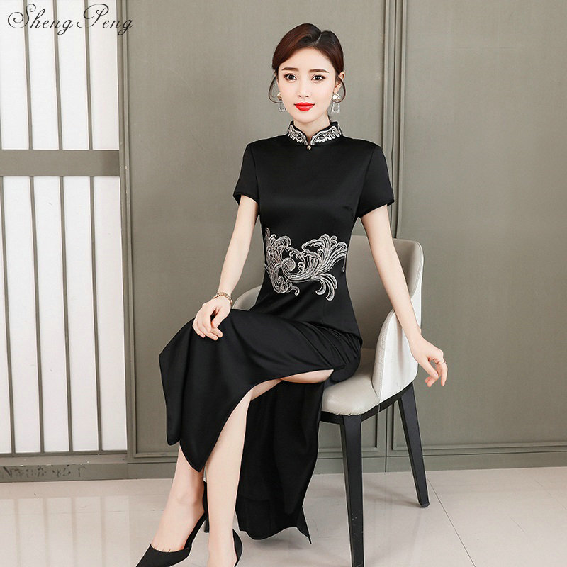 Ladies Chinese Clothing Satin Silk Cheongsam China Style Elegant Daily Traditional Dress Mandarin Collar Long Qipao V1890