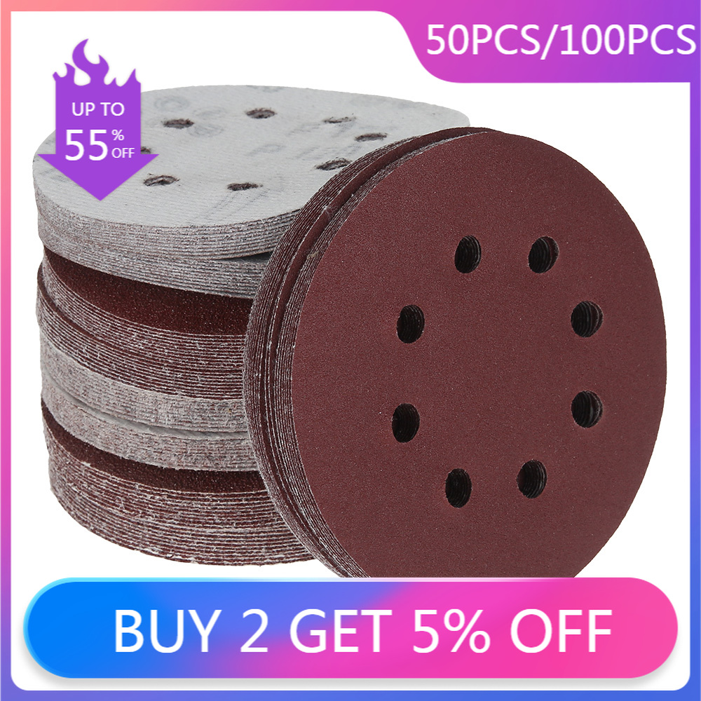 50/100PCS 5Inch 125mm Round Sandpaper Eight Hole Disk Sand Sheets Grit 40-240 Hook and Loop Sanding Disc Polish Abrasive Tools