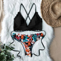 Sexy Top Solid Bottom Printed Bikini Set 2020 Lace Up Bikinis Women Swimsuit Brazilian Biquini Female Swimwear Bathing Suit