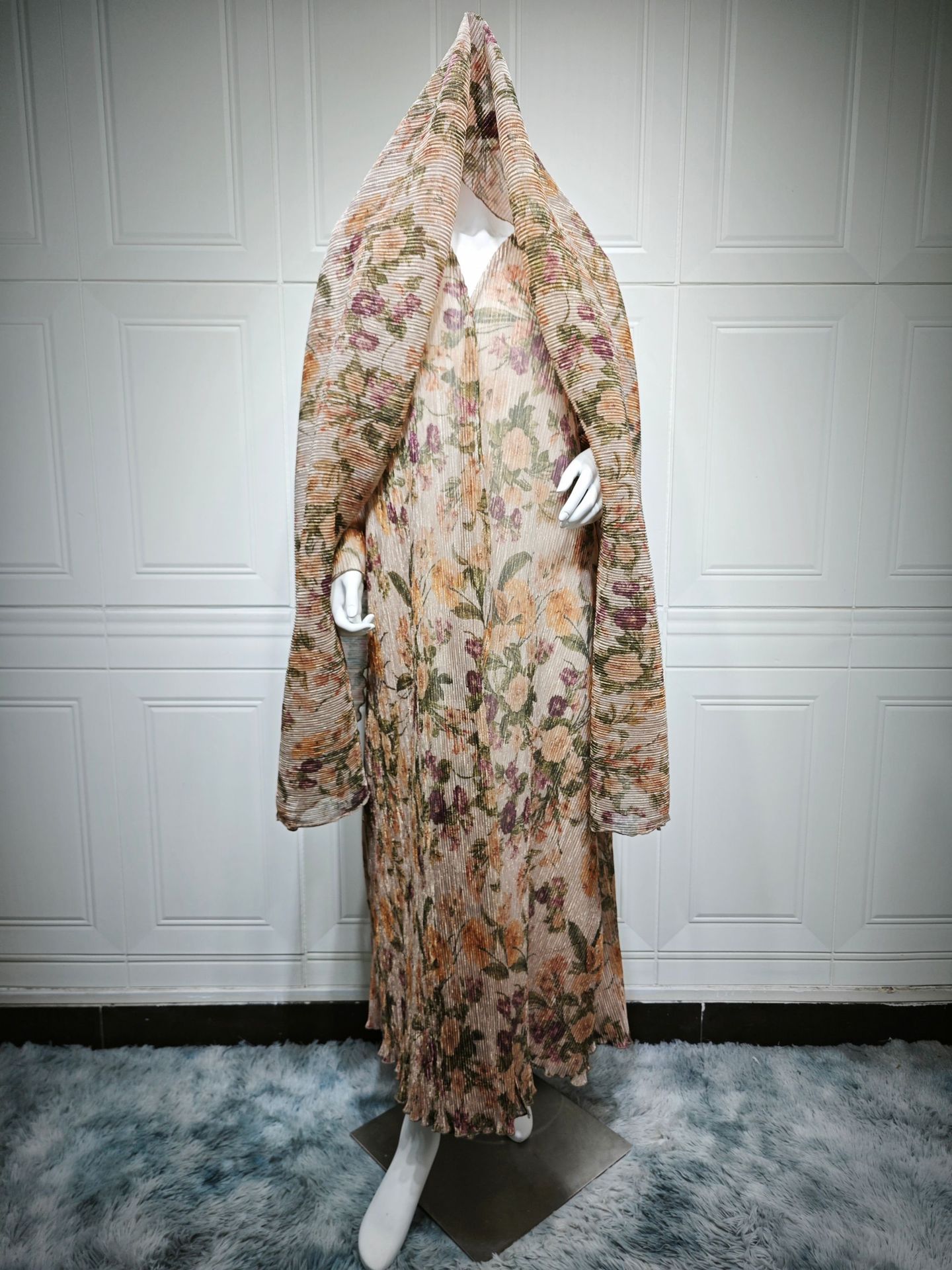 Women's Kimono Abaya Fashion Elegant Floral Printed Modest Turkey Dubai Abaya Coat With Scarf Set Islamic Clothing Caftans6