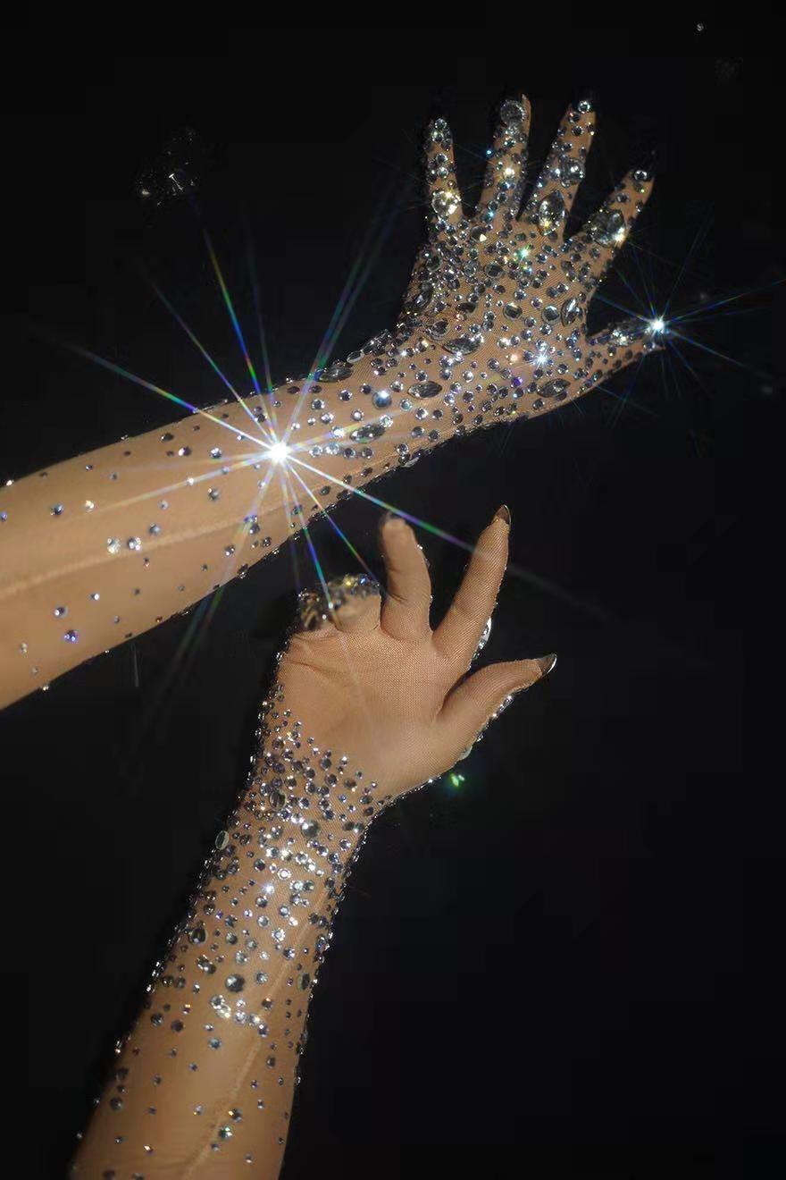 Fashion Stretch Rhinestone Gloves Women Sparkling Crystal Mesh Perspective Long Gloves Nightclub Dancer Singer Stage Accessories
