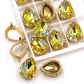 New arrival Laser crystal pointback Teardrop shape Glass sew on rhinestones with gold frame for clothing/ wedding dress
