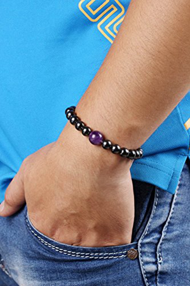 yaye 100% Natural Amethyst Stone Crystal Reiki Healing Energy Hematite Magnetic Stretch Bracelet for Arthritis Pain Relief 1pc