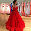 New Red Prom Dress Off Shoulder Evening Gown Ruched Shoulder Sleeves Wedding Party Dres Petals Hem Formal Dress Vestidos Puffy