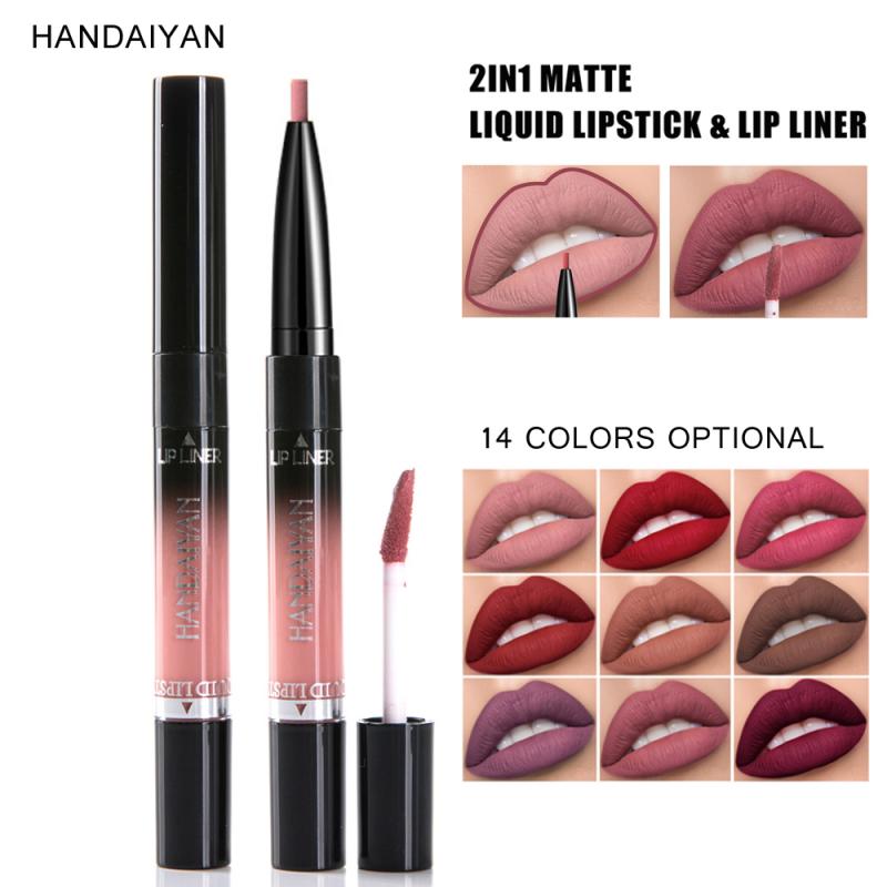 2 in 1 Lip Liner Liquid Lipstick Pen Professional Makeup Matte Velet Smooth Lip Glaze Pencil Long Lasting Waterproof