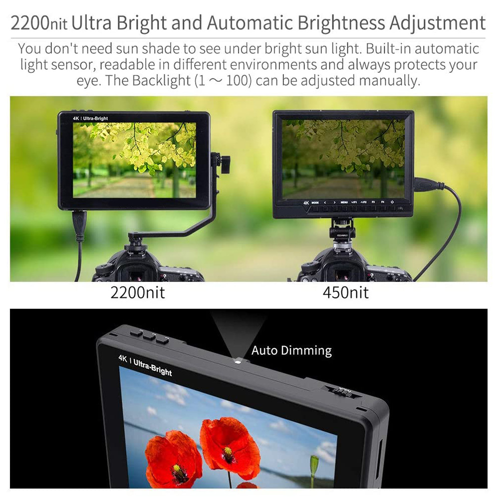 2200nit Ultra Bright SDI Touch Screen DSLR Camera Field Monitor with 3D Lut Waveform Light Sensor HD 1920x1200 3G SDI 4K HDMI