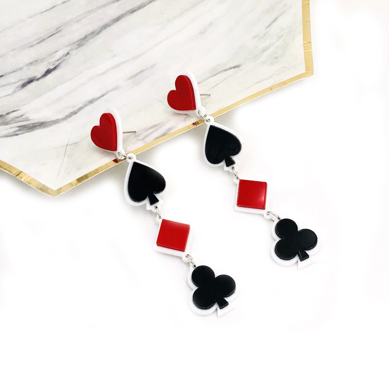 Creative Geometry Playing Card Decor Acrylic Eardrop Fresh Simple Plum Blossom Block Spade Red Peach Long Tassel Earrings