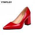 Plus size 33-48 Shoes Square Block Heels Women Pumps Pointed Toe Fashion Gray High Heels Leather Black Party Red Sexy Platform