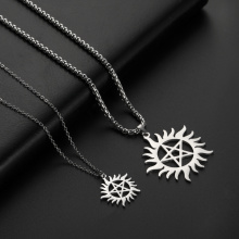 Skyrim Stainless Steel Shining Sun Pentagram Pendant Necklace Supernatural Dean Statement Box Chain Necklaces Jewelry Women Men