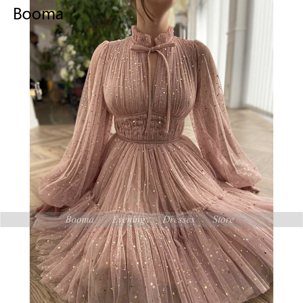 Booma Pink Starry Tulle Mini Prom Dresses High Neck Long Sleeves Above Knee Homecoming Dresses Pleated Tiered A-Line Prom Gowns