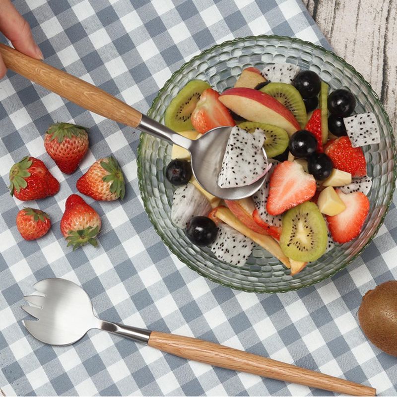 2 Pcs Salad Spoon Fork with Long Wooden Handle Set Stainless Steel Dessert Fruit Kitchen Tableware Tools