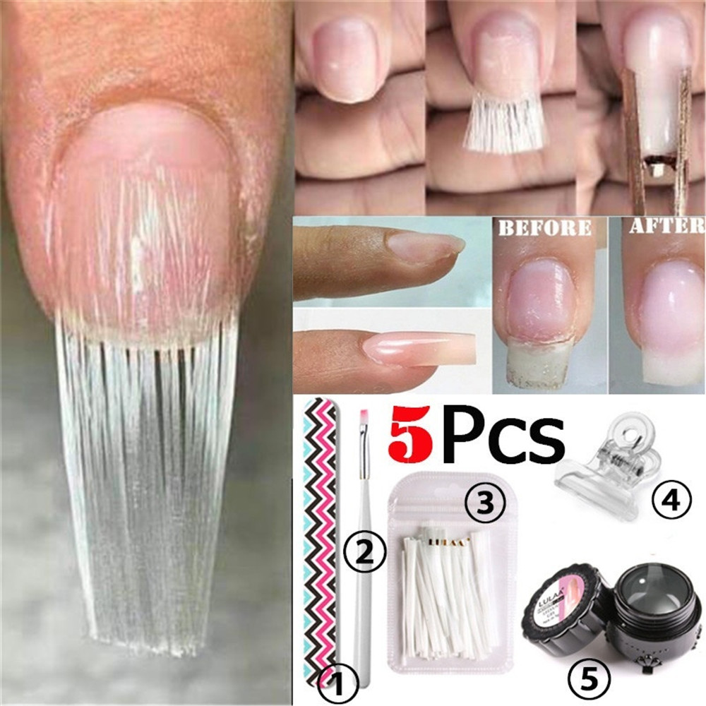 5Pcs/Set Professional Fiberglass Nail Kit Fiber Glass Nails Extension Building Manicure Salon Tweezer Nail Scraper Nail Pen Set
