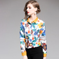 H Han Queen Flower Work Blusa Turn-down Collar Vintage Print Tops New Elegant Chiffon Women Blouses Long Sleeve Casual Shirts