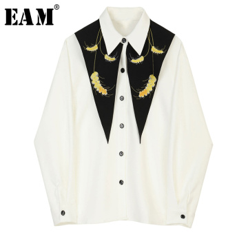 [EAM] Women White Pattern Print Spliced Blouse New Lapel Long Sleeve Loose Fit Shirt Fashion Tide Spring Autumn 2021 JZ225