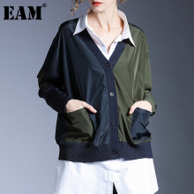 [EAM] Contrast Color Big Size Knitting Cardigan Sweater V-Neck Long Sleeve Women New Fashion Tide Autumn Winter 2021 1DD1948