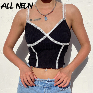 ALLNeon E-girl Ribbed Cross-criss Lace Trim Camis Top Y2K Summer Spaghetti Strap V-neck Ruffles Hems Backless Black Cropped Tops