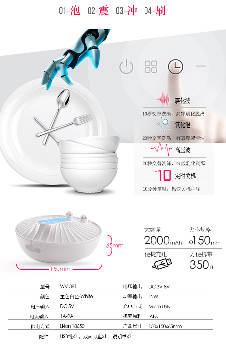 Ultrasonic Bubble dishwasher rechargeable portable household sink integrated Fruit and vegetable cleaner