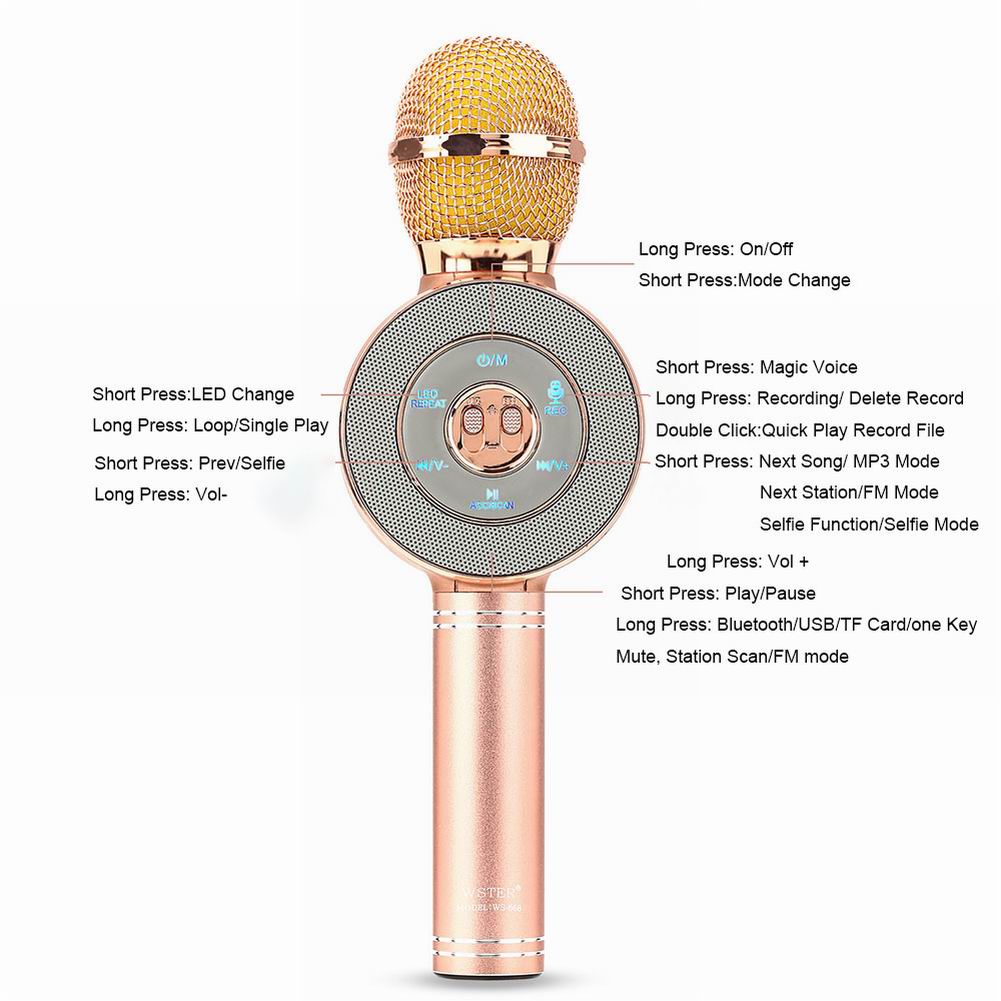 WS-668 Professional Bluetooth Wireless Microphone Handheld Karaoke Live Stereo Microphone Portable KTV Music Player with Speaker