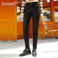 INMAN Autumn Winter Jeans Classic Simple Mid-waisted Stretch Cotton Irregular Raw-edged Trousers