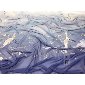 Chinese classical style Red-crowned crane landscape Printed chiffon embroidery fabric hanfu skirt cloth 1meter