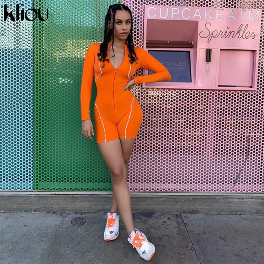 Kliou women fashion playsuit full sleeve zipper fly reflective striped patchwork rompers 2019 female elastic skinny bodysuits