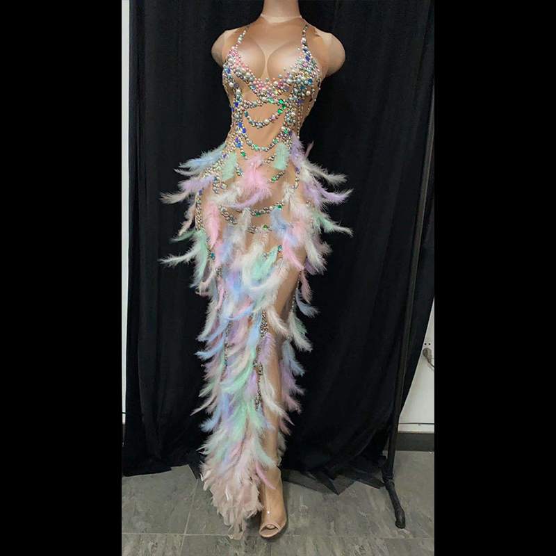 Stage Performance Outfit Feather Rhinestone Dress Nightclub Party Celebration Women Elastic Sleeveless High Slit Prom Dress