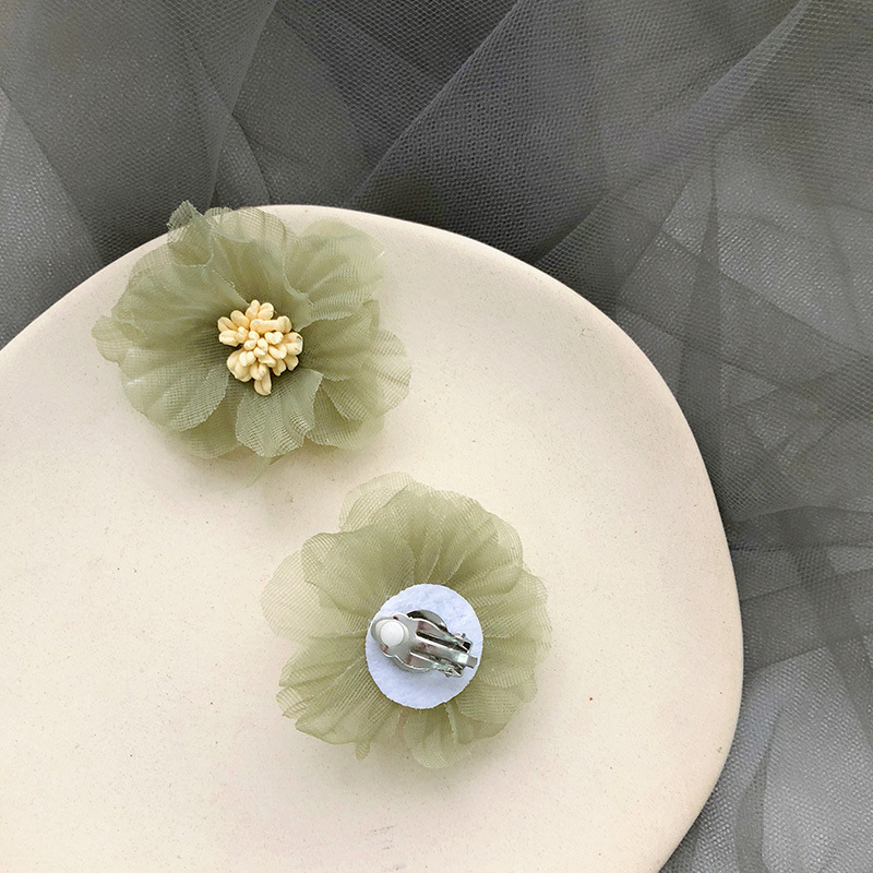 BUENOS Korean fairy retro olive green flower earrings exaggerated fresh lace earrings without pierced ear clip women earrings