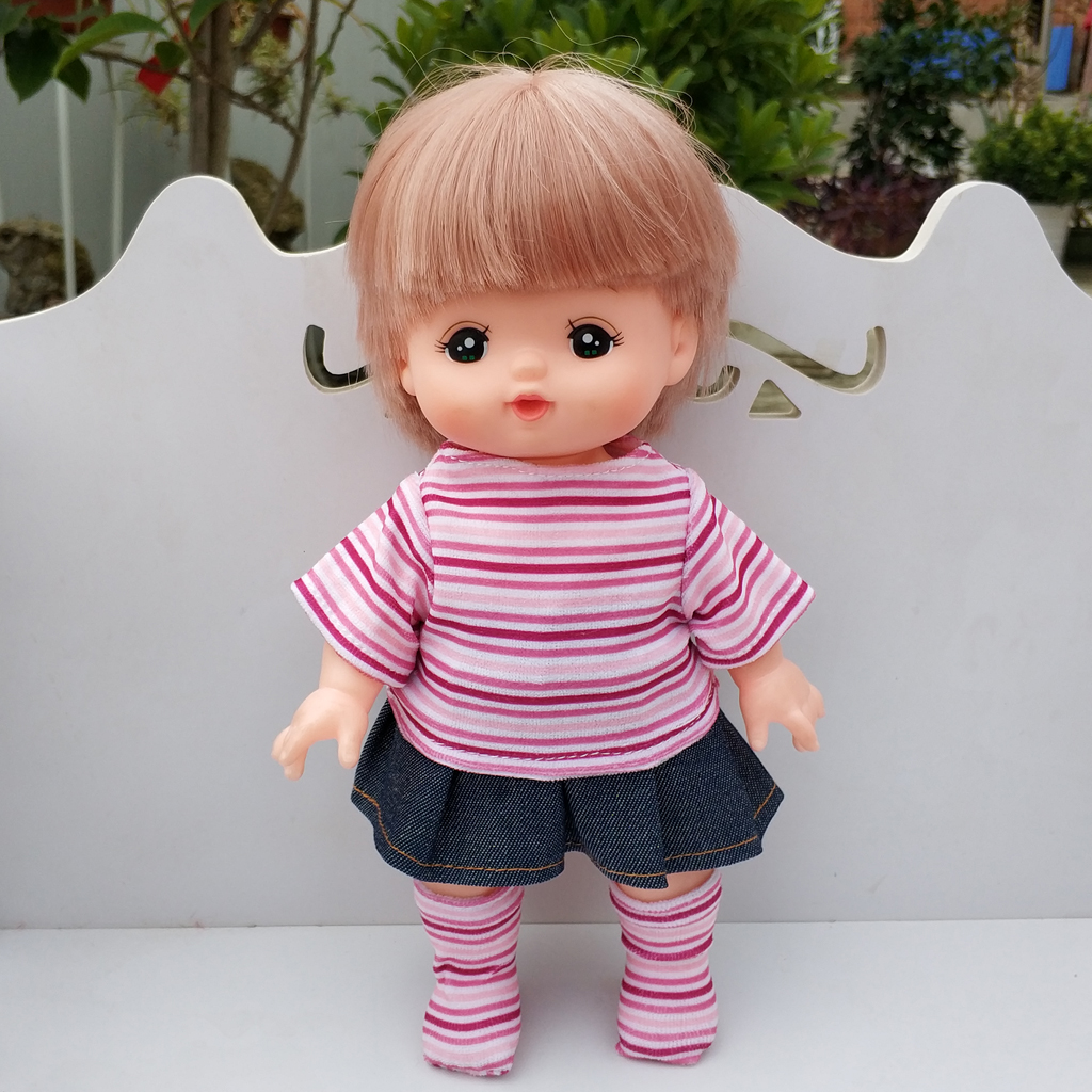 Adorable Stripe Pattern T-shirt Denim Miniskirt Sock Suit For Mellchan Baby Dolls Clothing Accessories Pink