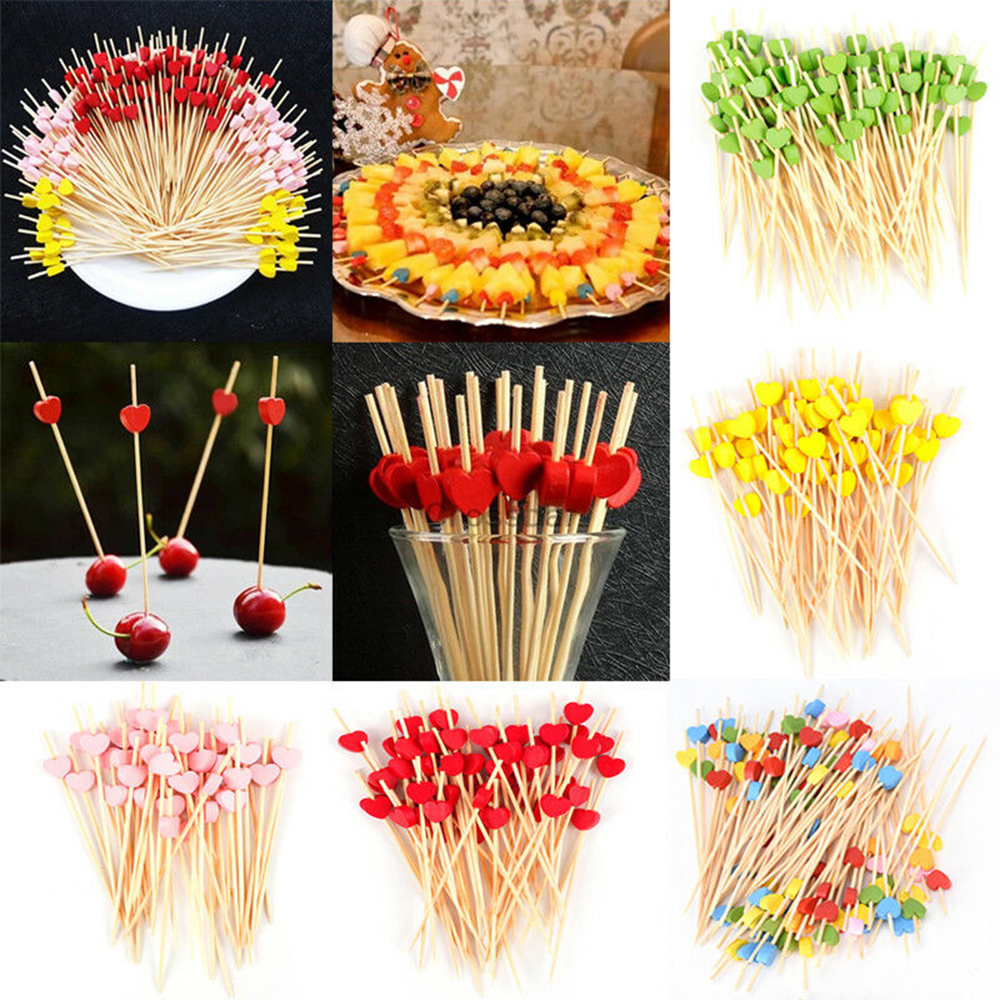 100Pcs 12cm Disposable Bamboo Heart Skewers Fruit Dessert Cake Sign Cocktail Picks Cute Food Sticks Buffet Cupcake Toppers Party