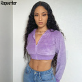 2020 Streetwear Solid Hoodie Sweatshirt Crop Top Women Slim Purple Zip-Up Long Sleeve Sudaderas Cropped Hoodies Autumn Winter