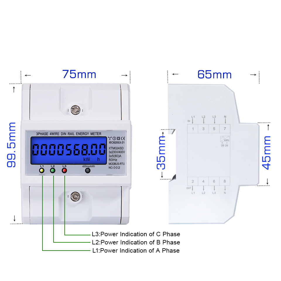RS485 Multifunctional 3 Phase 4 Wire Electronic Wattmeter Power Consumption Energy Meter 5-80A 380V AC 50Hz Backlight Modbus