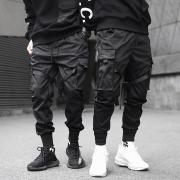 Men Cargo Pants Black Ribbons Block Multi-Pocket 2021 Harem Joggers Harajuku Sweatpant Hip Hop Casual Male Trousers