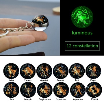 Luminous 12 Constellation Keychain Glass Ball Double Side Zodiac Sign Keychain Bag Purses Keys Charms Christmas Gift