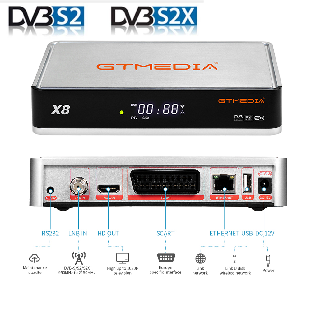 NEW 2020 Satellite TV Receiver Gtmedia X8 Europe 19.2 E satellite update from V8 NOVA V9 Super V8X supports H.265 1080P decoder